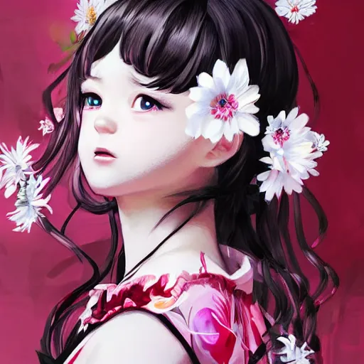 Prompt: little girl with flowers in hair wearing an white dress. black, red, white and pink color palette. art by ilya kuvshinov, profile picture, inspired in hirohiko araki, realistic, highly detailed, 8 0 s anime art style