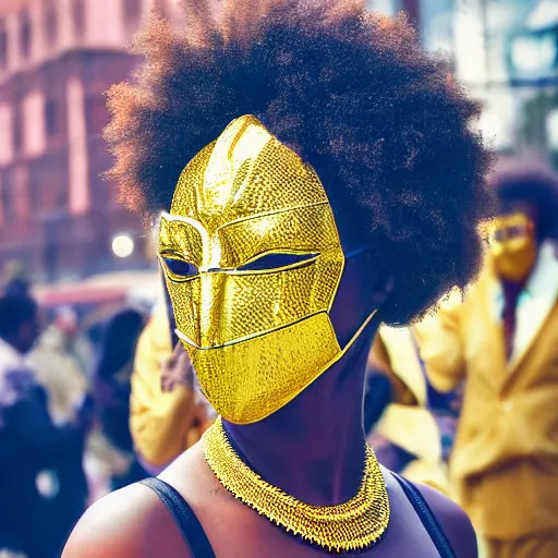 Image similar to afrofuturist woman in a crowded street wearing gold jewelry and a mask that covers the whole face, simple, cyberpunk, far shot, full body shot, 1970s X-Men art style