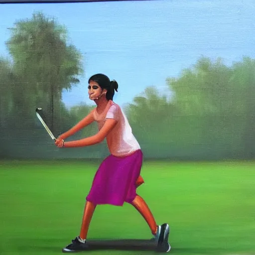 Prompt: oil painting of isha jain playing badminton at college