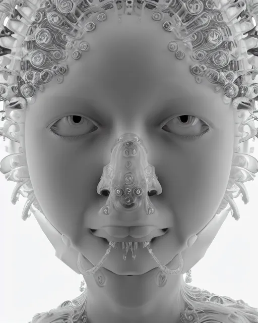 Image similar to mythical dreamy black and white organic translucent bio-mechanical spinal ribbed profile face portrait detail of mechanical beautiful female angelic-snowy-human-doll, highly detailed, intricate crystal jelly steampunk ornate, poetic, 3D render, digital art, octane render, 8K artistic photography, photo-realistic, by Dora Maar