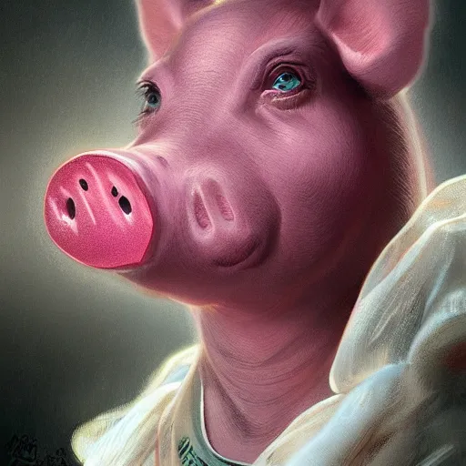 Prompt: dark fantasy character portrait of Peppa Pig, pig, animal, pig face, Peppa pig character, dramatic, unsettling, intricate, wild, highly detailed, digital painting, artstation, upper body, concept art, smooth, sharp focus, illustration, art by artgerm and greg rutkowski and alphonse mucha