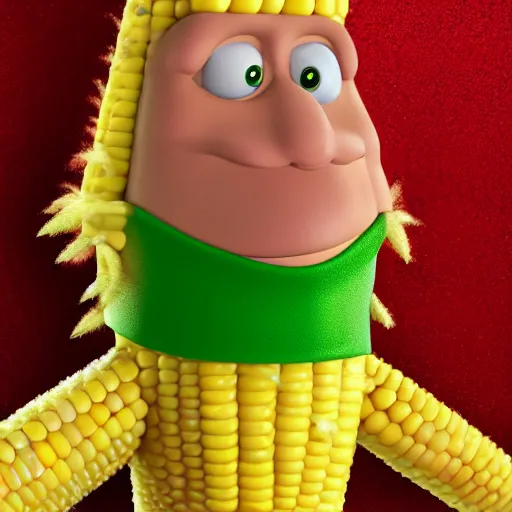 Image similar to a photoreal image of doug from the tv show doug as anthropomorphic corn.