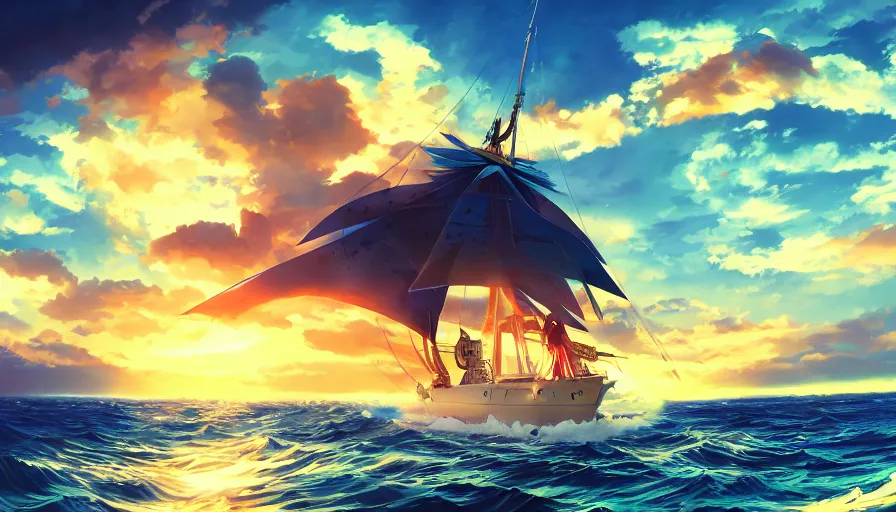 Image similar to one piece ship sailing, dynamic sky, sun sunset, with blue light piercing through clouds, makoto shinkai, royal blue colors, lighting refraction, volumetric lighting, pixiv art, highly detailed, anime art, symmetrical, wlop, anime art