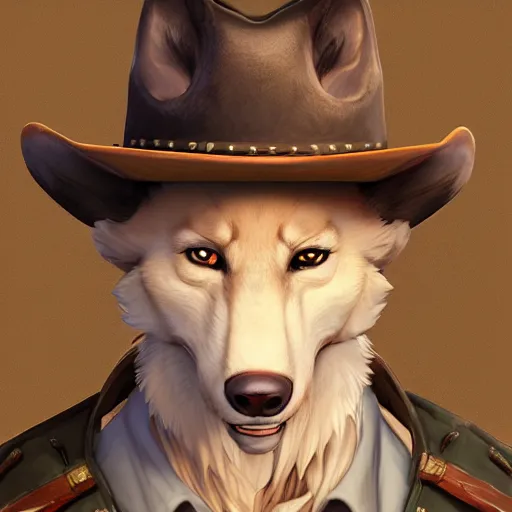 Prompt: character portrait icon of the anthro male anthropomorphic wolf fursona wearing cowboy outfit wild west desperado character design stylized by charlie bowater, ross tran, artgerm, and makoto shinkai, detailed, soft lighting, rendered in octane