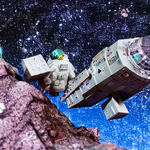 Prompt: a space admiral towing an asteroid, space backdrop, everything made of papier - mache canon 5 d 5 0 mm lens, diorama,