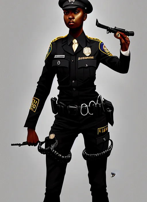 Prompt: full body portrait of young black woman as a police officer holding handcuffs, police uniform, intricate, beautiful and elegant, highly detailed, digital painting, artstation, concept art, smooth, sharp focus, illustration, art by wlop, mars ravelo and greg rutkowski