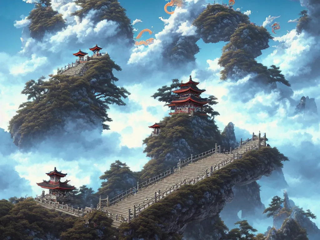 Image similar to a simple shinto gate stands atop stone stairs on a mountain, a single chinese dragon by toriyama akira flies in the clouds above by peter mohrbacher and dan mumford and nekro, cgsociety, volumetric light, 3 d render