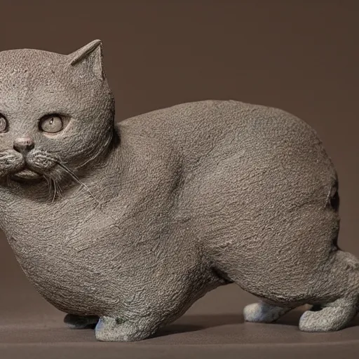 Image similar to medium - shot realistic clay cat, full body, walking, rough, handmade, fingerprints on clay, masterpiece, artistic, museum, highly detailed, hq, by adam beane, by carl brenders