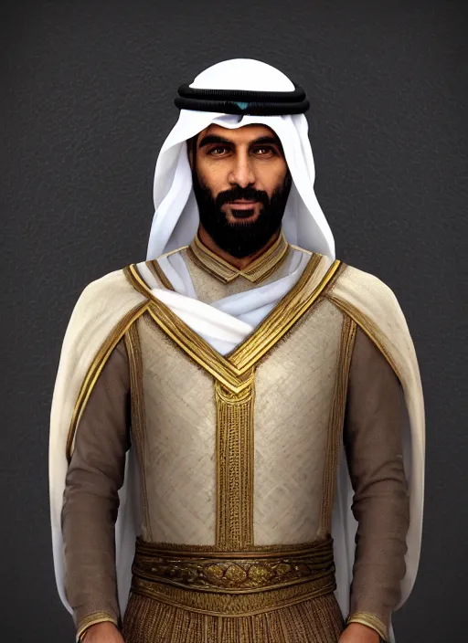 Prompt: portrait of sheikh mohammad ruler of dubai, argonian, head and torso only, cinematic lighting, studio quality, smooth render, unreal engine 5 rendered, octane rendered, art style by klimt and nixeu and ian sprigger and wlop and krenz cushart.