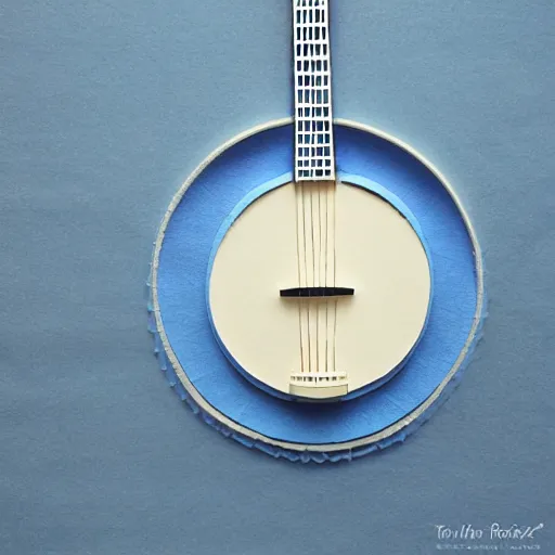 Prompt: a banjo emerging behind the blue ridge mountain range, paper art