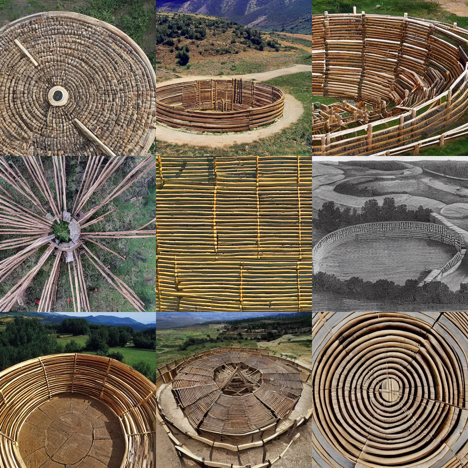 Prompt: eagle view of a circular wooden palisade!!! village!!!!! twelve hundred bc, southern european scenery