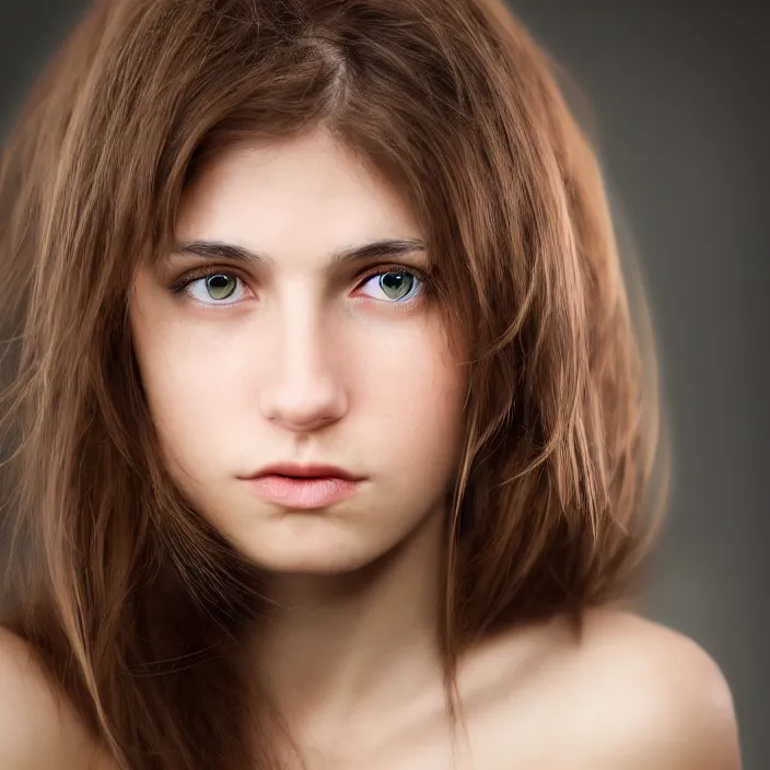 Image similar to photographic Close-up face of a extremely beautiful girl with light brown hair , high light on the left, non-illuminated backdrop, illuminated by a dramatic light, Low key lighting, light dark, High constrast, dramatic , Steve Mccurry, Greg Rutkowski, Alphonse Mucha ,dark background, high quality, photo-realistic,four fingers maximum ,8K,