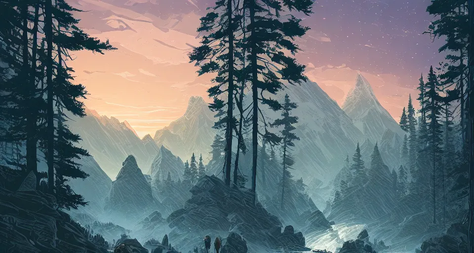 Image similar to a beautiful landscape with trees and mountains, by dan mumford, artstation, behance, highly detailed, concept art, dramatic lighting, magic hour lighting