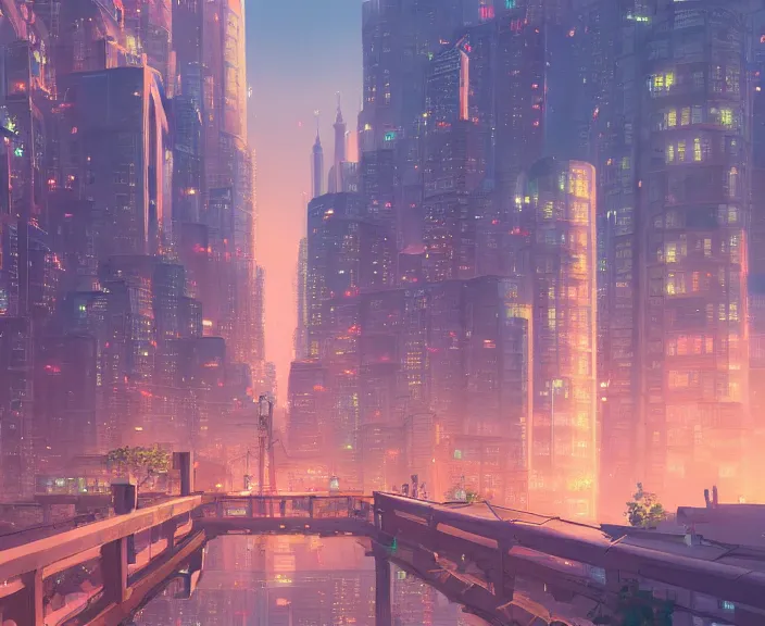 Prompt: Shanghai city peaceful and serene incredible perspective, soft lighting, 4K, Your Name., anime scenery concept art by Makoto Shinkai