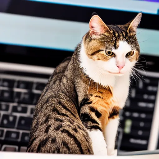 Image similar to a programmer getting angry as a cat jumps on his keyboard, ( eos 5 ds r, iso 1 0 0, f / 8, 1 / 1 2 5, 8 4 mm, postprocessed, crisp face, facial features )