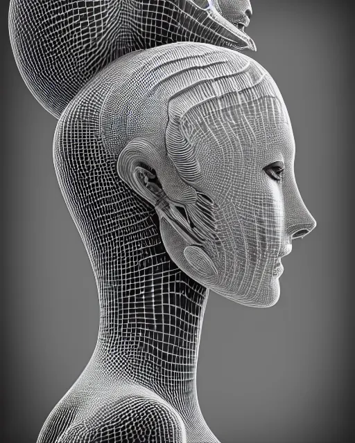 Prompt: mythical dreamy black and white organic bio-mechanical spinal ribbed profile face portrait detail of mechanical beautiful female angelic-vegetal-cyborg, highly detailed, intricate steampunk ornate, poetic, 3D render, digital art, octane render, 8K artistic photography, photo-realistic, by Dora Maar