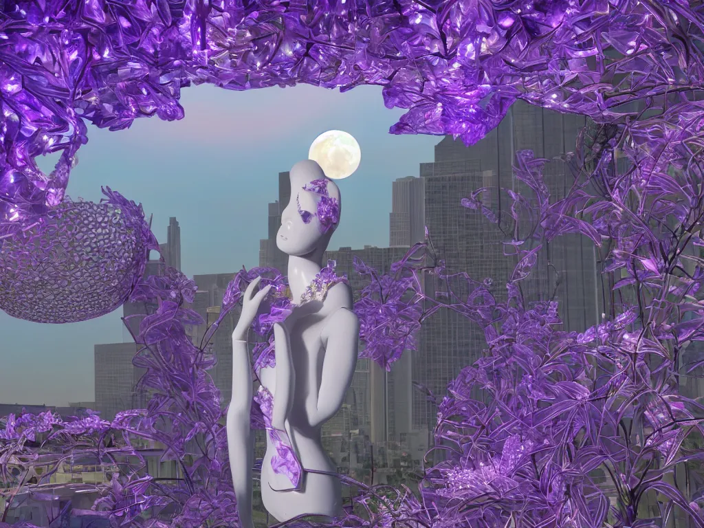 Image similar to beautiful mannequin sculpted out of amethyst by billelis + lit with 3 d geometric neon + facing a doorway opening with neon pink geometric fractal light + flowering hosta plants!!!, moon + city of los angeles in background!! dramatic, rule of thirds, award winning, 4 k, trending on artstation, photorealistic, volumetric lighting, octane render