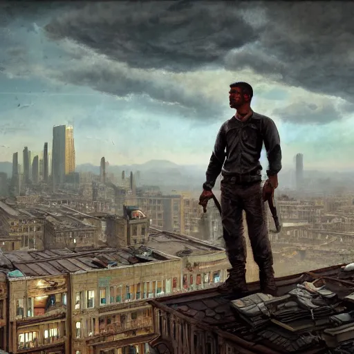 Image similar to an male survivor standing on a rooftop of an abandoned city, dark, atmospheric, detailed, centered, digital painting, artstation, concept art, donato giancola, Joseph Christian Leyendecker, WLOP, Boris Vallejo, Breathtaking, 8k resolution, extremely detailed, beautiful, establishing shot, artistic, hyperrealistic, octane render