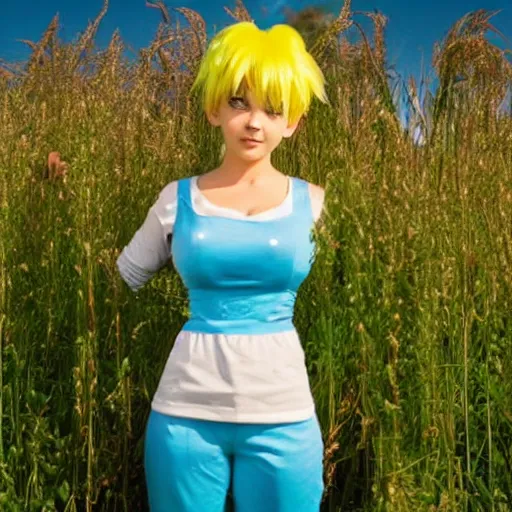 Image similar to bulma from dragon ball, bulma, bulma standing in a field,