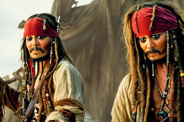 Image similar to A high quality movie still from the film Pirates of the Caribbean, starring Chewbacca as Jack Sparrow, alongside Keira Knightly