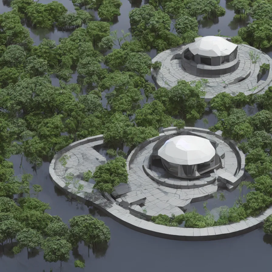 Image similar to architectural model, isometric view, 3 d render, studio lighting, low contrast, dark background, highly detailed, a circular house with circular courtyards floating on water at the edge of a lake, tree