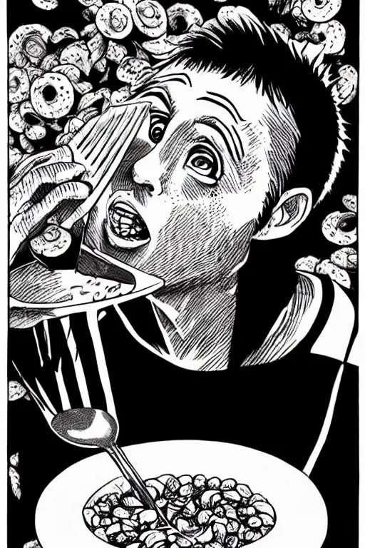 Image similar to junji ito illustration of ryan gosling eating cereal