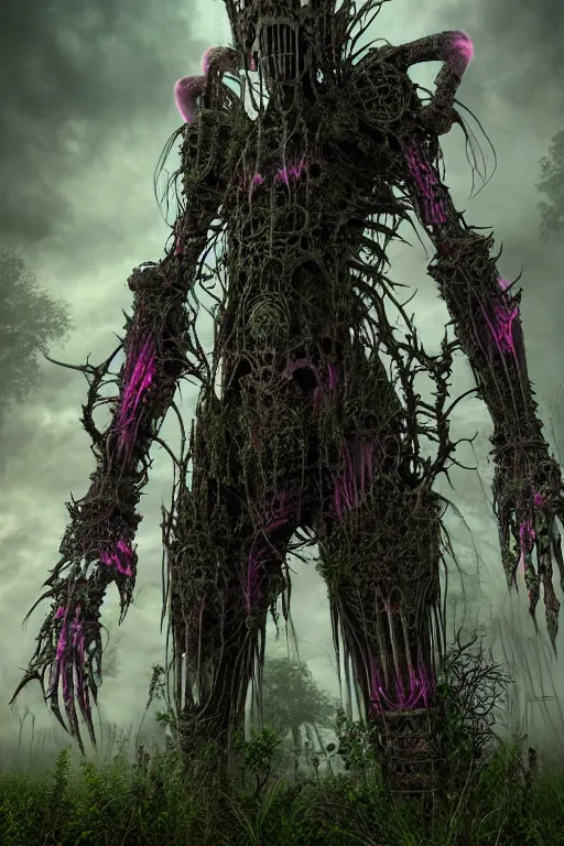 Prompt: post - gothic giant banshee, exoskeleton armor screaming, dystopian ruins covered in vegetation, highly detailed smooth digital art masterpiece, vitaly bulgarov giger dramatic pink light, ground angle hd 8 k, sharp focus