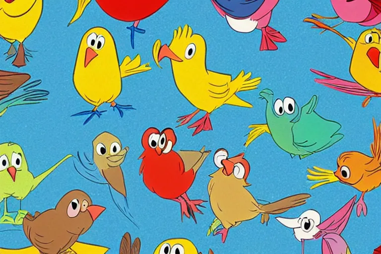 Image similar to cartoon of a thousand happy birds, from a disney animated film