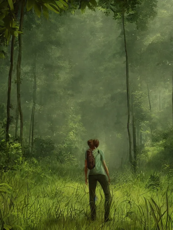 Image similar to Ellie in a lush forest (Last of Us), dali, magritte, Ethereal, artstation, 8k