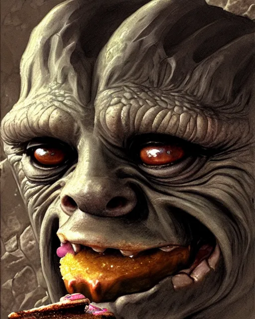 Image similar to closeup profile face portrait of a medieval goblin eating cakes in the cloisters, beautiful face, hyper realistic, highly detailed, digital painting, artstation, illustration, concept art by hyung tae, frank frazetta, bosch, giger, digital paint, matte paint, washed colors, dark, gloomy, detailed and intricate environment