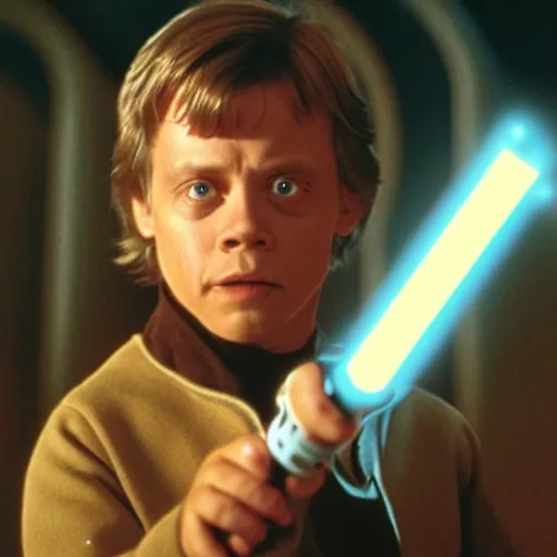 Image similar to film still of mark hamill as a kid in new star wars movie, dramatic lighting, highly detailed face, kodak film, wide angle shot,