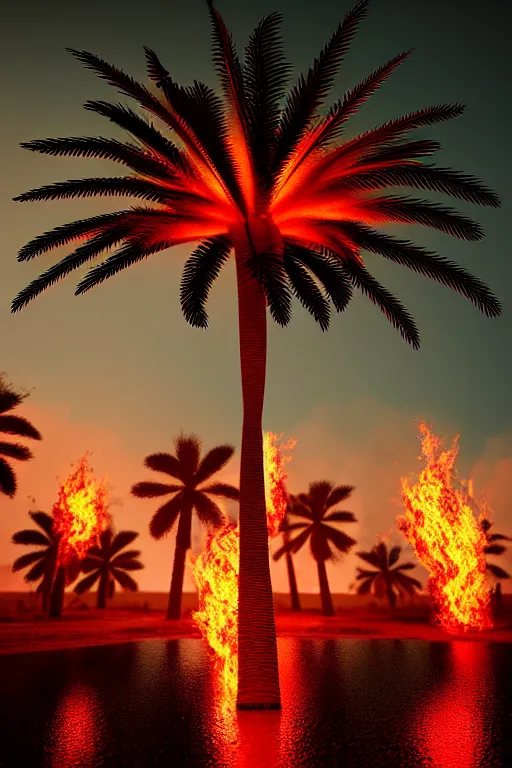 Prompt: hyper-detailed 4K photography Fiery Palm tree lights up black landscape with embers, volumetric lighting, octane render, 4K resolution, trending on artstation, masterpiece