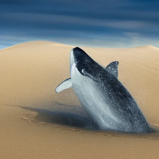 Image similar to a magic whale jumping out of the sand majestically, realistic, 4 k