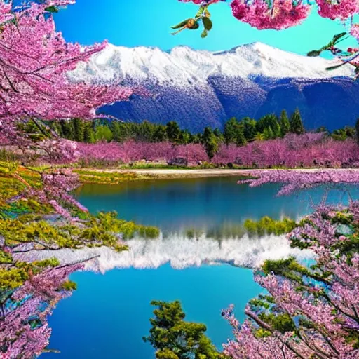 Image similar to forest and lakes with purple Sakura flowers with snow mountains at the background, masterpiece