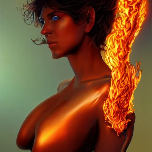 Prompt: A stunning portrait of a goddess with a body made of flames by Jim Burns, 8K UHD, intricate, fantasy, Trending on artstation.