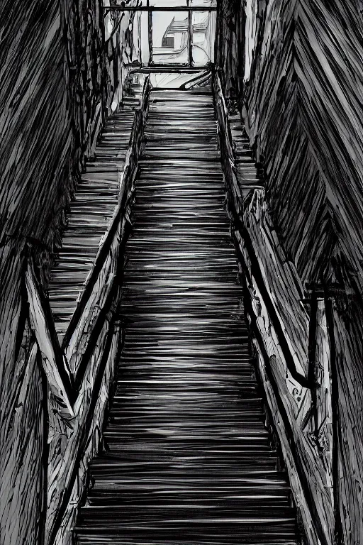 Image similar to looking down a flight of stairs at a black cat, digital illustration, artstation, artstation hq, hd