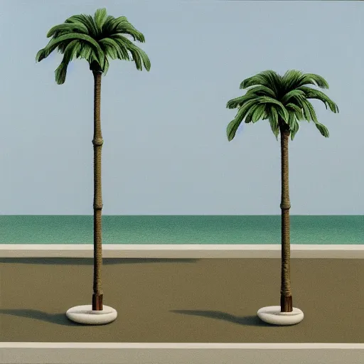 Image similar to vaporwave palm trees, Gertrude Abercrombie, highly detailed, masterpiece, trending on ArtStation, ultra realistic