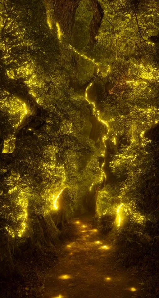 Image similar to a winding pathway through lothlorien, illuminated by an otherworldly glow