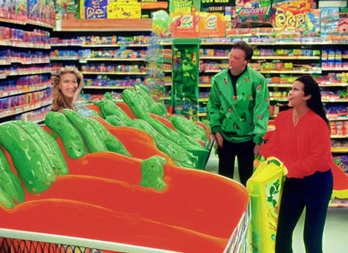 Image similar to the episode of supermarket sweep where the aisles are filled with nickelodeon slime hd