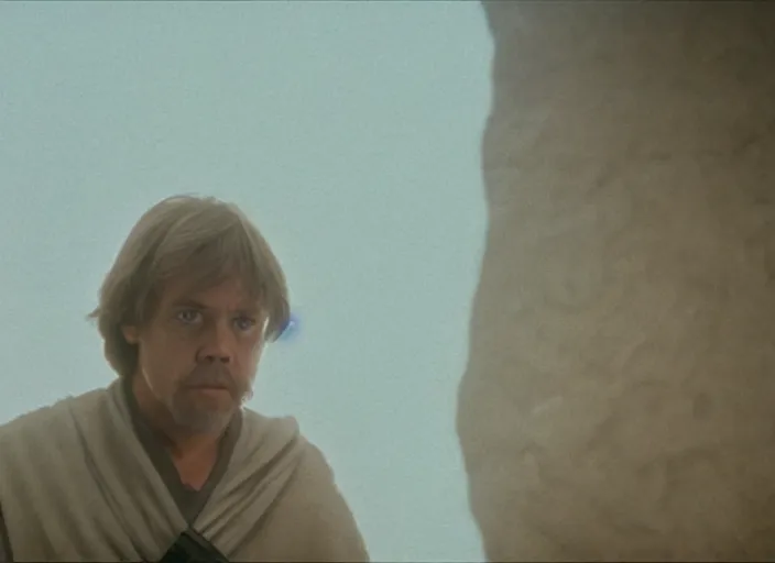 Image similar to single portrait of Luke skywalker uncovering the glowing ancient jedi texts. a hazy ethereal ancient Jedi cathedral, screenshot from the 1983 film Holy Mountain, directed by Jordowsky, Photographed with Leica Summilux-M 24 mm lens, ISO 100, f/8, Portra 400, kodak film, anamorphic lenses