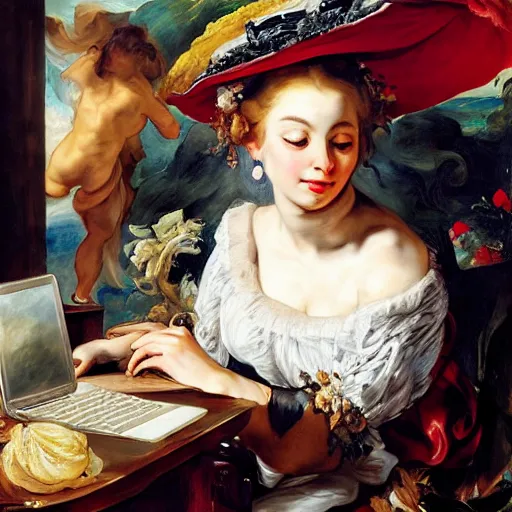 Image similar to heavenly summer sharp land sphere scallop well dressed lady looking at her laptop while drinking a starbucks coffee auslese, by peter paul rubens and eugene delacroix and karol bak, hyperrealism, digital illustration, fauvist