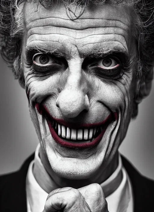 Prompt: photo of Peter Capaldi as the Joker by Lee Jeffries and Eolo Perfido, big smile, head shot, detailed, award winning, Sony a7R