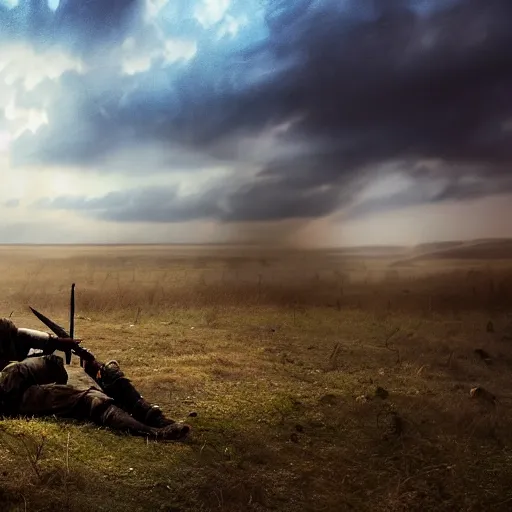 Image similar to war, pyrus victory, loner, battlefield scene, dramatic lighting, ultra hd, hdr, 8 k