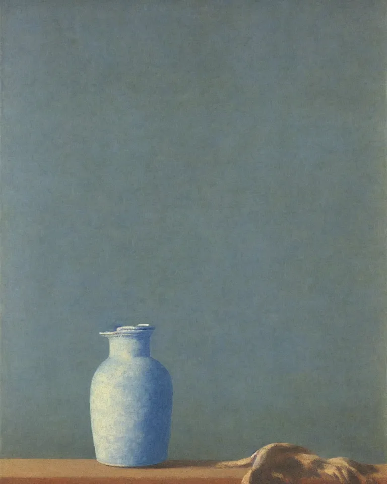 Prompt: achingly beautiful print of solitary painted ancient greek amphora on baby blue background by rene magritte, monet, and turner.