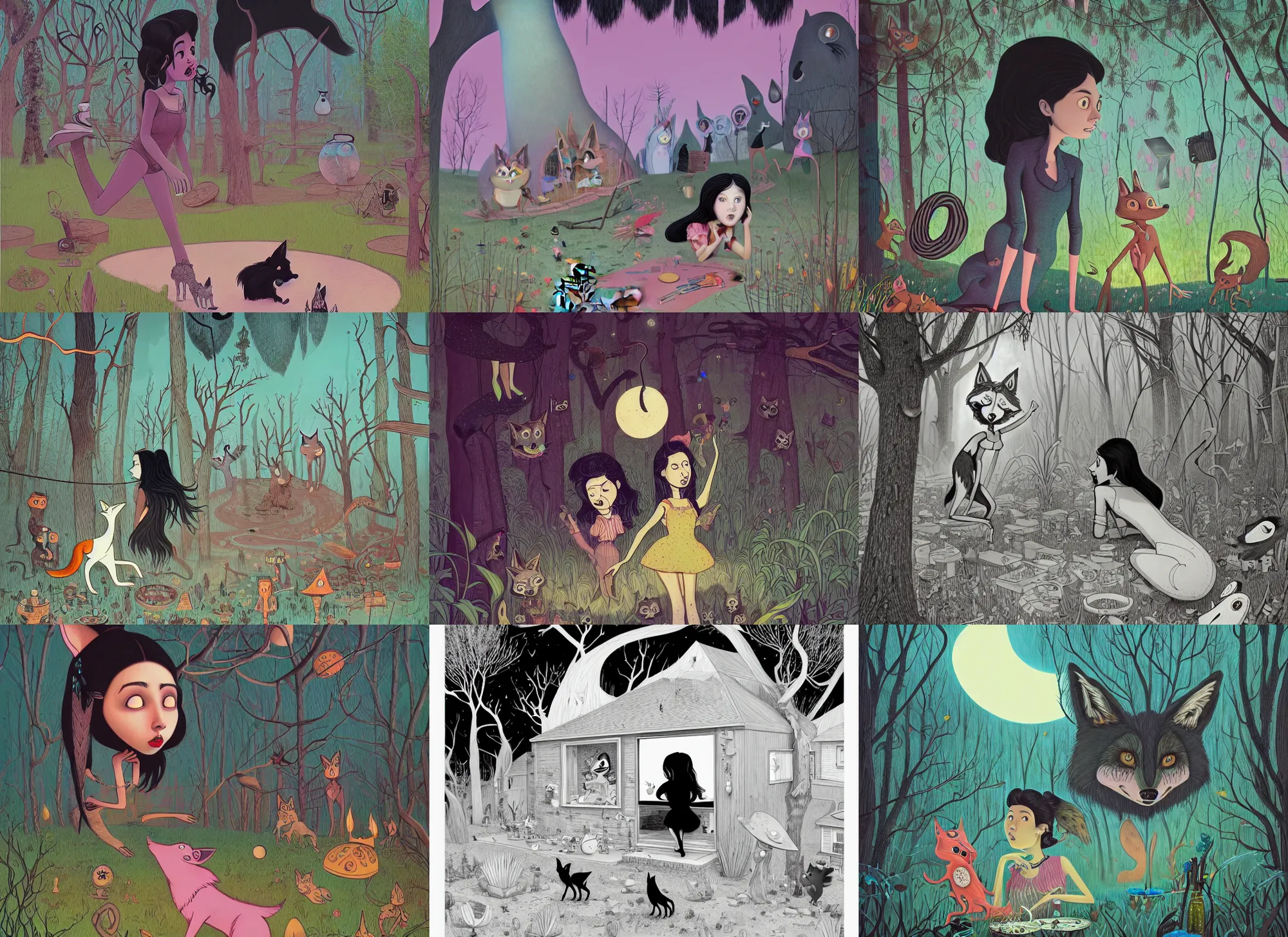 Prompt: a black haired girl hears a magic coyote from another quantum dimension speak while in her backyard. surprise, jon macnair, gary baseman, flat matte art, beautiful line drawing, carles dalmau, pedro correa, jakub rebelka, xiaofan zhang, artstation, intricate and highly detailed, nettie wakefield, monica langlois