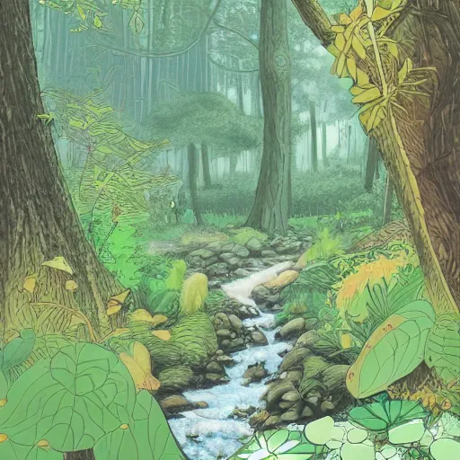 Image similar to A beautiful experimental art of a serene and picturesque forest scene. The leaves are all different shades of green, and the sunlight is shining through the trees. There is a small stream running through the forest, and the whole scene is surrounded by mountains. amaranth, Carboniferous by Rumiko Takahashi, by Jamie McKelvie offhand