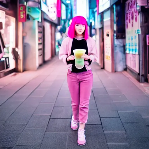 Image similar to korean anime girl with pink hair walking in seoul, drinking boba drink at night