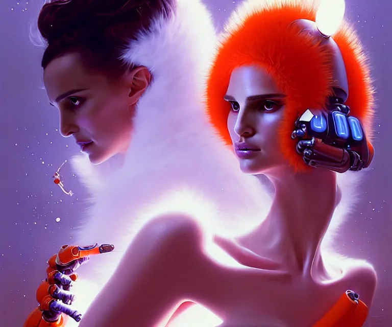 Image similar to beautiful fantasy character portrait, natalie portman, wearing orange puffy bomber jacket with white fur, seductive reclining pose, futuristic robots, ultra realistic, dramatic lighting, robots, the fifth element artifacts, highly detailed by peter mohrbacher, hajime sorayama, wayne barlowe, boris vallejo, aaron horkey, gaston bussiere, craig mullins