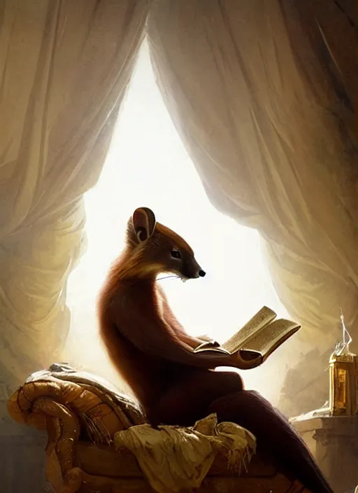 Image similar to a beautiful scene from a 2 0 2 2 fantasy film featuring a humanoid pine marten with golden eyes wearing a loose white tunic reading on a couch. joseph ducreux, greg rutkowski.