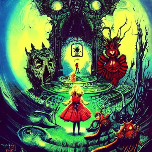 Image similar to alice in wonderland, by basil gogos and phillipe druillet and paul lehr, trending on artstation hq, deviantart, pinterest, 4 k uhd image